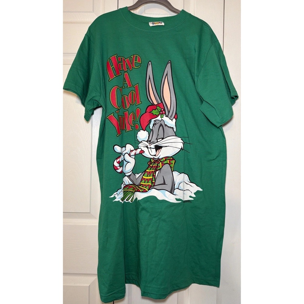 Vintage 1995 Looney Tunes Sleep Shirt OSFA Green Have A Cool Yule Bugs Bunny